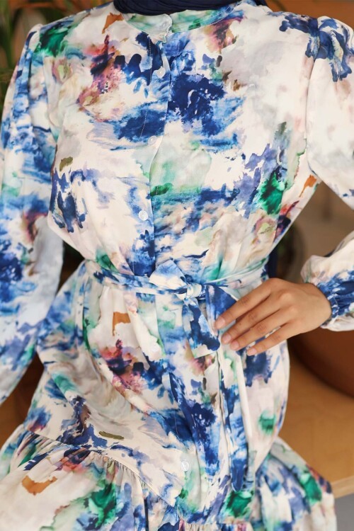 Kadın Desenli Uzun Tesettür Elbise 2586 - Saks