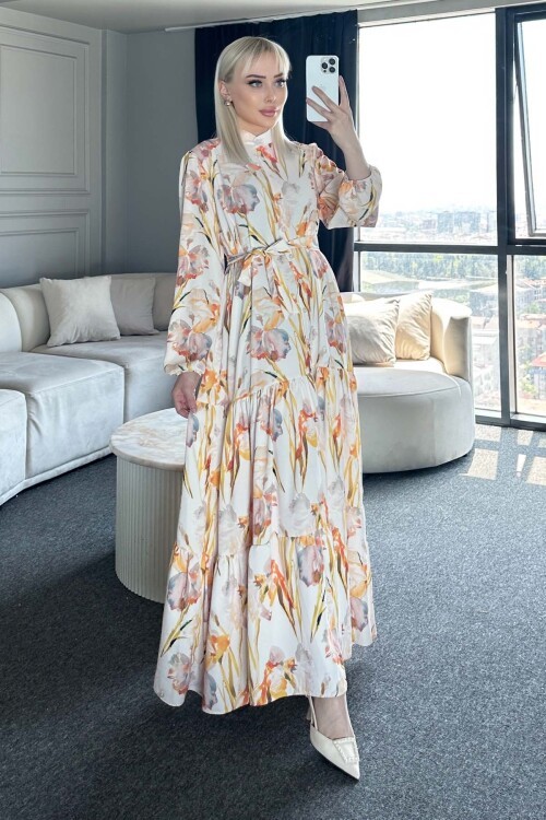 Kadın Desenli Uzun Tesettür Elbise 2586 - Sarı