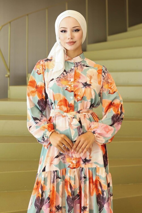 Kadın Desenli Uzun Tesettür Elbise 2586 - Turuncu