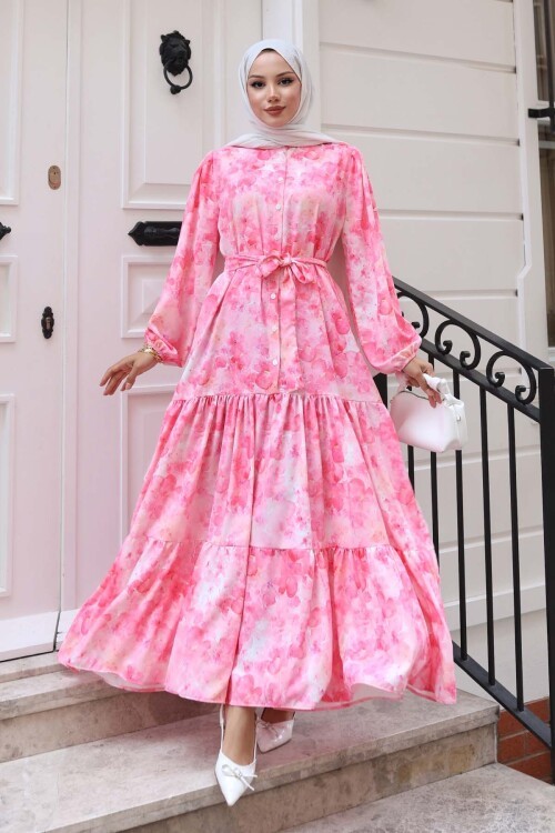 Kadın Desenli Uzun Tesettür Elbise 2586 - Y.Pembe