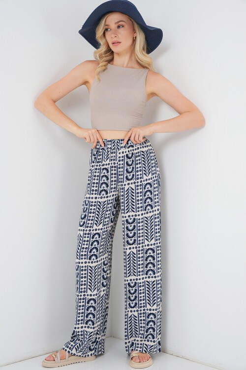 Kadın Desenli Viskon Pantolon 6749 - Krem