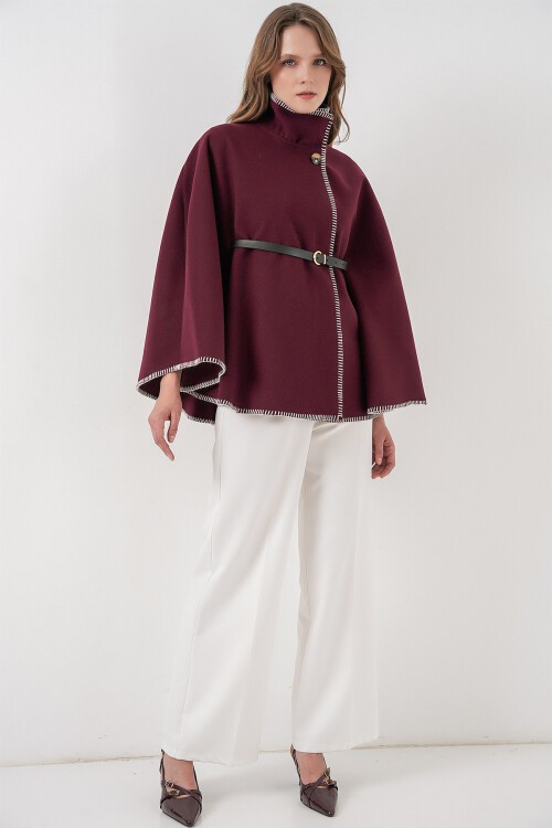 Kadın Dikiş Detaylı Kaşe Panço 9166 - Bordo