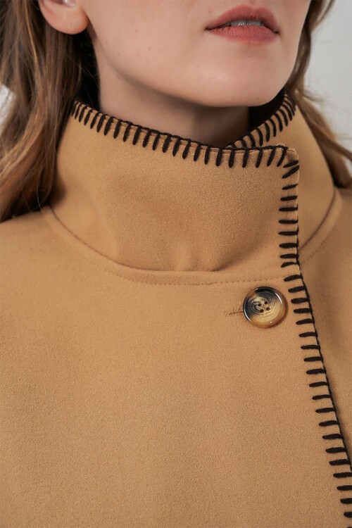 Kadın Dikiş Detaylı Kaşe Panço 9166 - Hardal