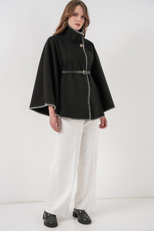 Kadın Dikiş Detaylı Kaşe Panço 9166 - Siyah