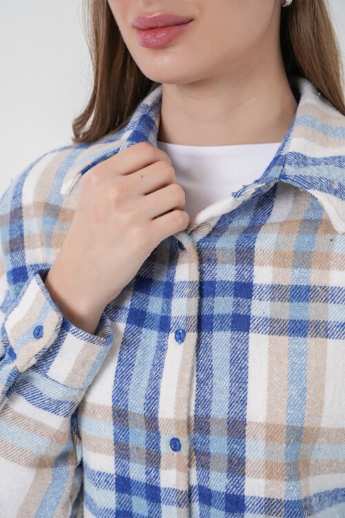 Kadın Ekose Desen Oversize Oduncu Gömlek 3854 A.Ekru
