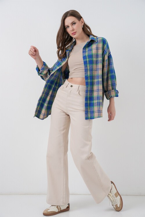 Kadın Ekose Desen Oversize Oduncu Gömlek 3854 Mavi Gri