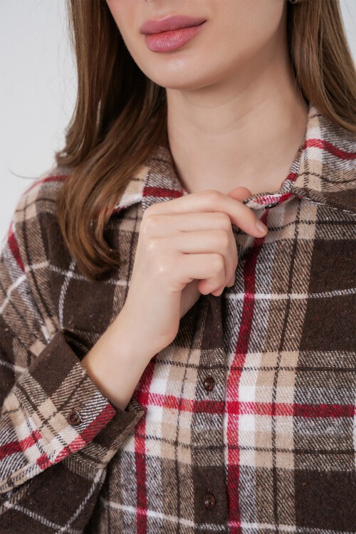 Kadın Ekose Desen Oversize Oduncu Gömlek 3854 Vizon