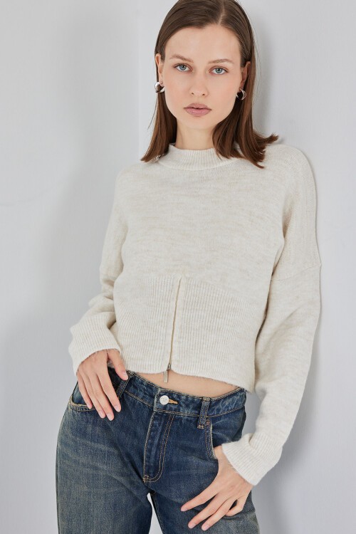 Kadın Fermuarlı Triko Kazak 15937 - Ekru