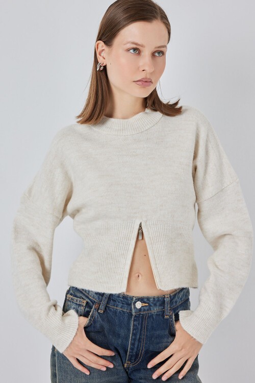 Kadın Fermuarlı Triko Kazak 15937 - Ekru