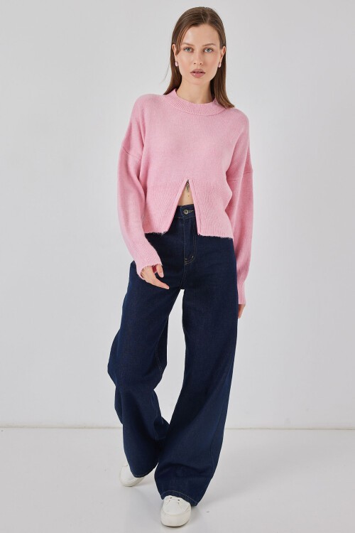 Kadın Fermuarlı Triko Kazak 15937 - Pembe