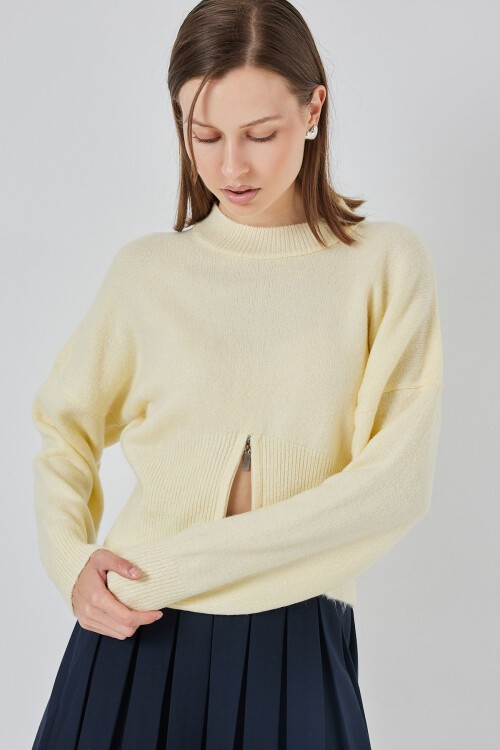 Kadın Fermuarlı Triko Kazak 15937 - Sarı