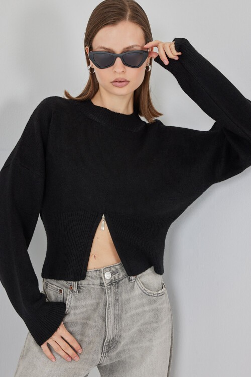 Kadın Fermuarlı Triko Kazak 15937 - Siyah
