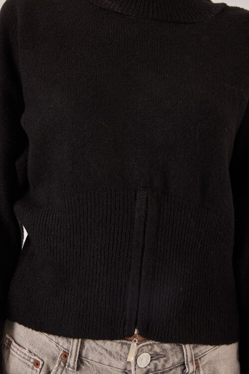 Kadın Fermuarlı Triko Kazak 15937 - Siyah