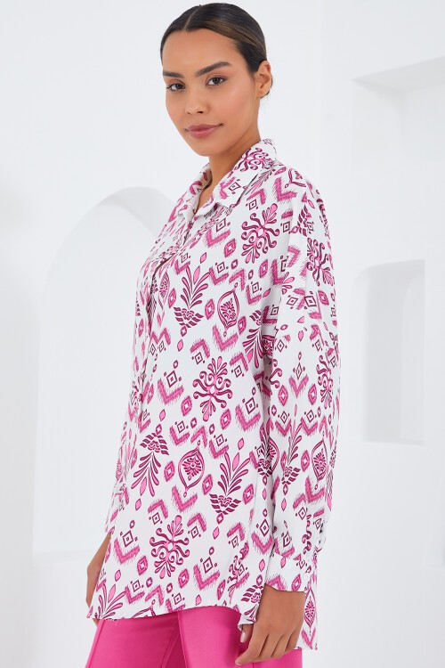 Kadın Fuşya Beyaz Desenli Oversize Saten Gömlek 3985