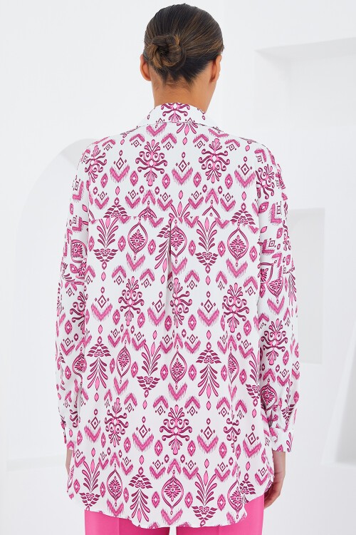 Kadın Fuşya Beyaz Desenli Oversize Saten Gömlek 3985