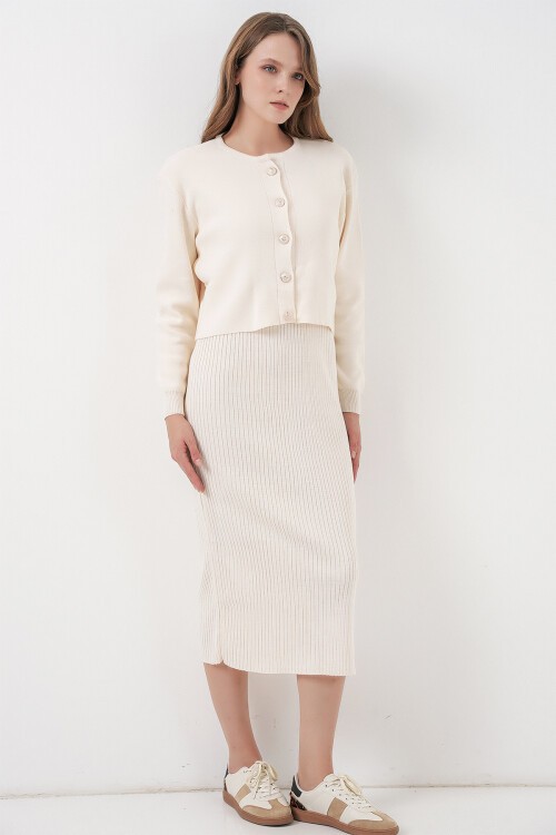 Kadın Hırka Elbise Triko İkili Takım 15960 - Ekru