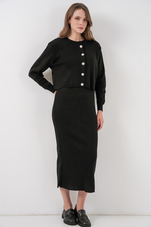 Kadın Hırka Elbise Triko İkili Takım 15960 - Siyah