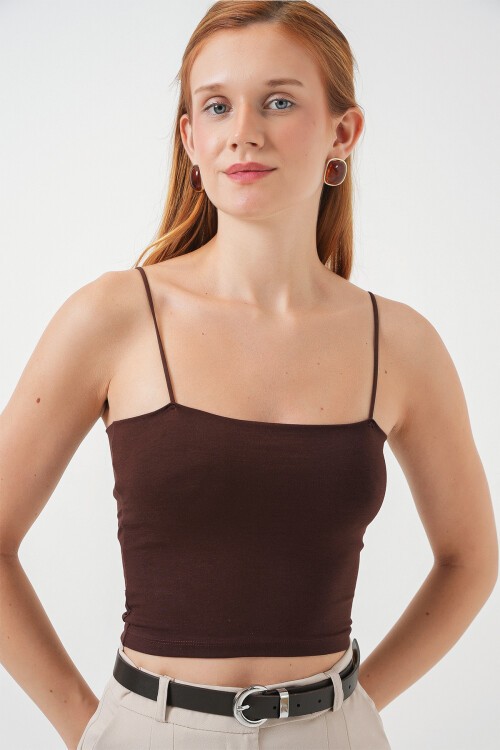 Kadın İp Askılı Basic Crop Büstiyer 973 - Kahverengi