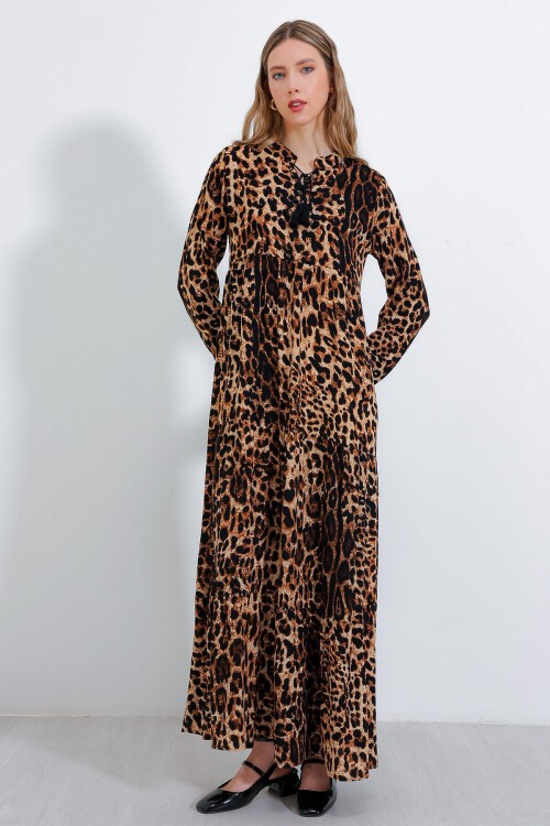 Kadın Kahve Bej Yaka Bağcıklı Viskon Boydan Tesettür Elbise 1627