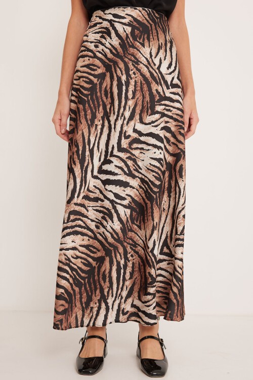 Kadın Kahverengi Bej Desenli Saten Etek 15877