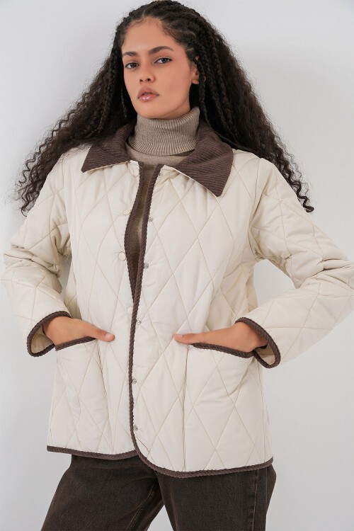 Kadın Kapitone Oversize Mont 5226 - Ekru Kahve