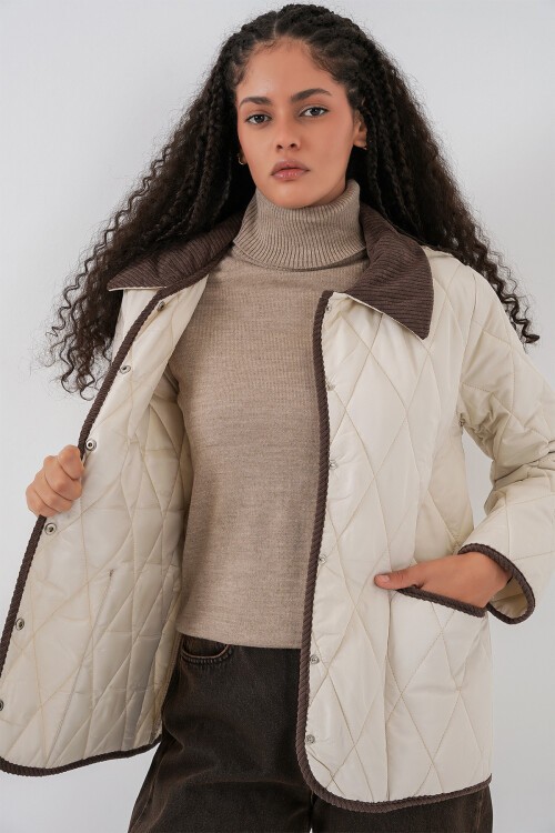 Kadın Kapitone Oversize Mont 5226 - Ekru Kahve