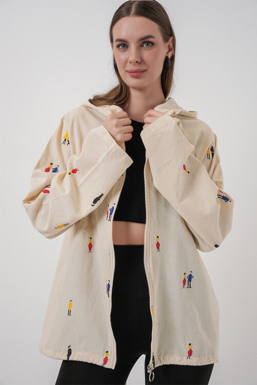 Kadın Kapüşonlu Desenli Keten Ceket 0736 - Ekru