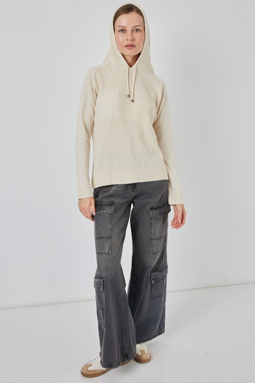 Kadın Kapüşonlu Triko Kazak 15941 - Ekru