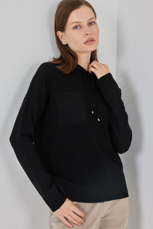 Kadın Kapüşonlu Triko Kazak 15941 - Siyah