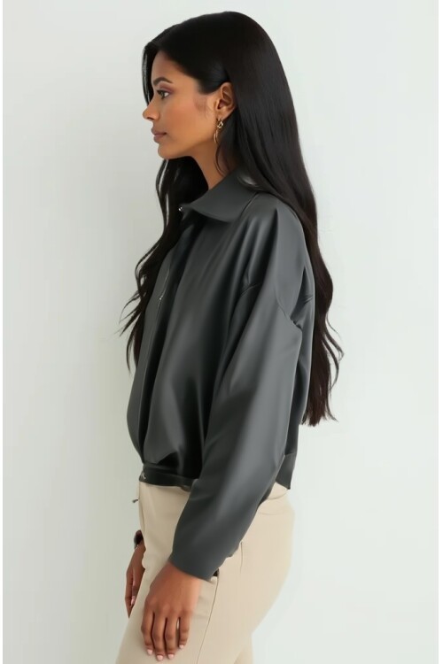 Kadın Kemer Detaylı Deri Ceket 1056 - Siyah