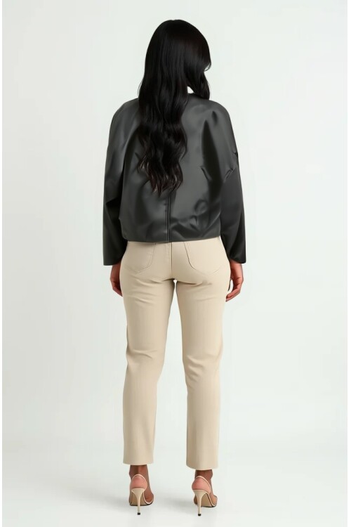 Kadın Kemer Detaylı Deri Ceket 1056 - Siyah