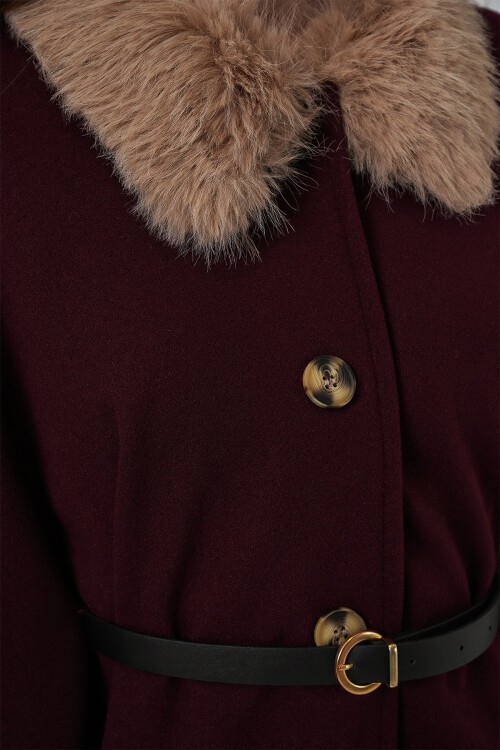 Kadın Kemerli Kaşe Panço 9165 - Bordo