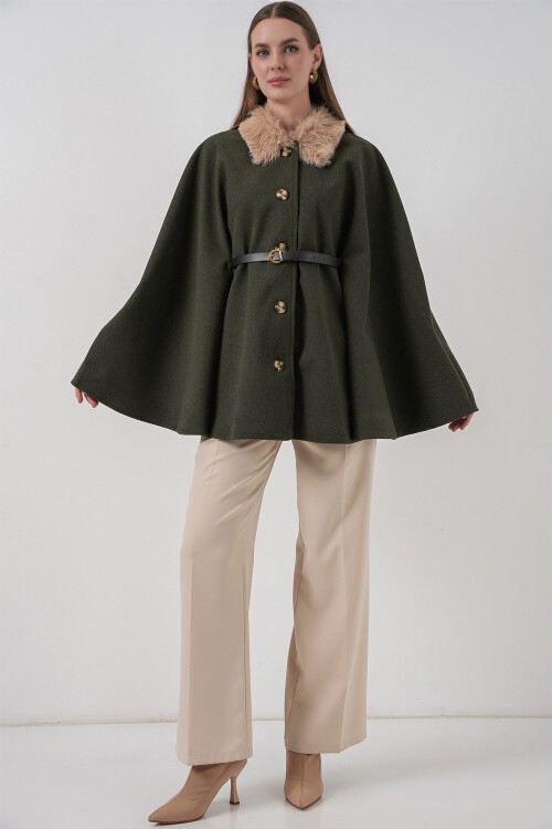 Kadın Kemerli Kaşe Panço 9165 - Haki