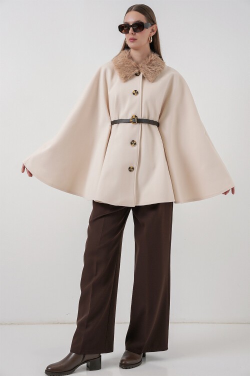 Kadın Kemerli Kaşe Panço 9165 - Krem