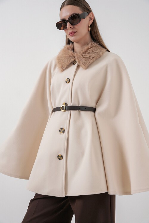 Kadın Kemerli Kaşe Panço 9165 - Krem