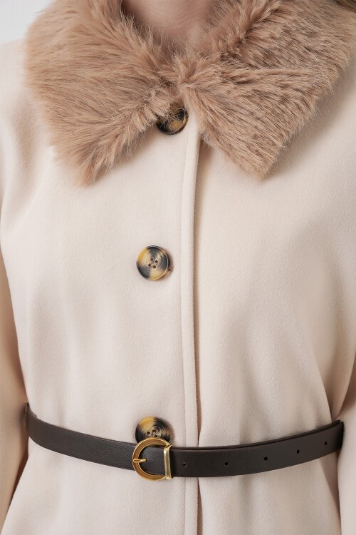 Kadın Kemerli Kaşe Panço 9165 - Krem