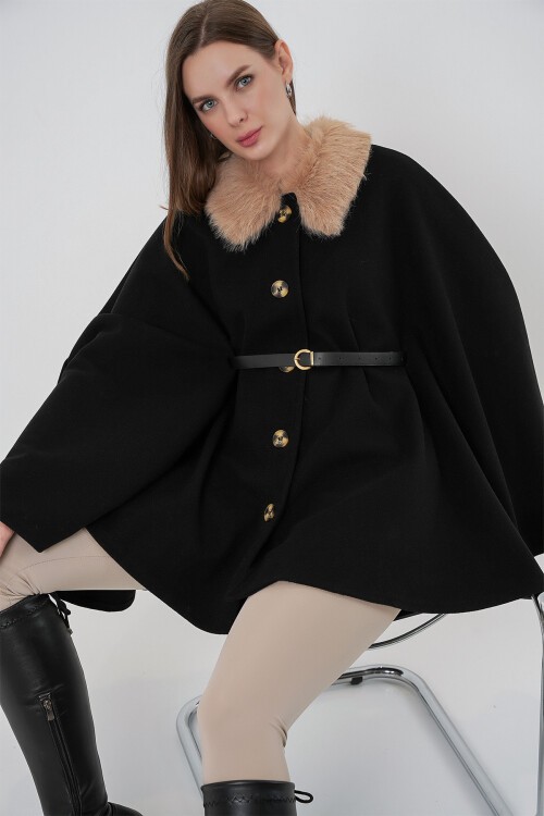 Kadın Kemerli Kaşe Panço 9165 - Siyah