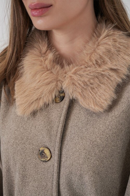 Kadın Kemerli Kaşe Panço 9165 - Taş