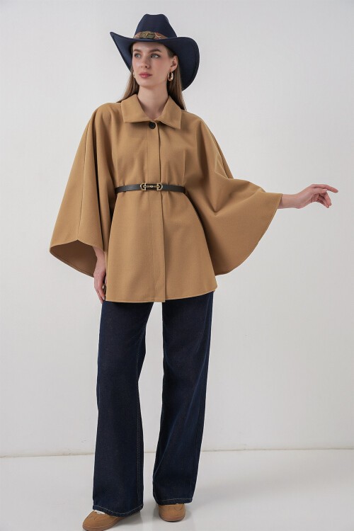 Kadın Kemerli Kaşe Panço 9170 - Bisküvi