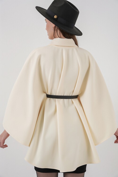 Kadın Kemerli Kaşe Panço 9170 - Ekru