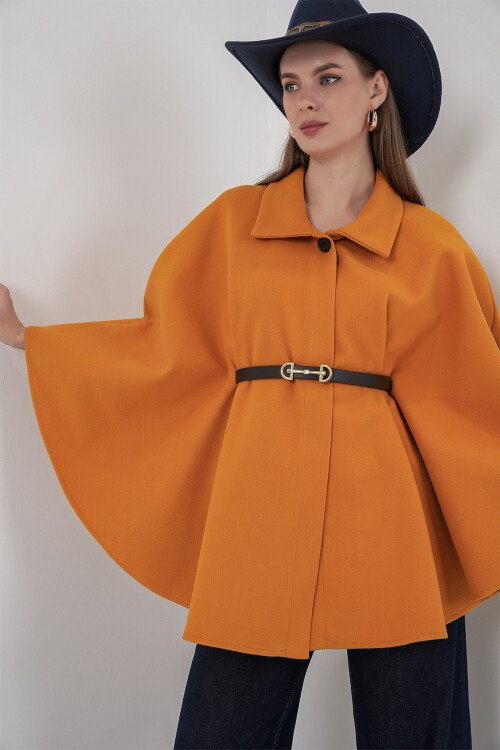 Kadın Kemerli Kaşe Panço 9170 - Hardal