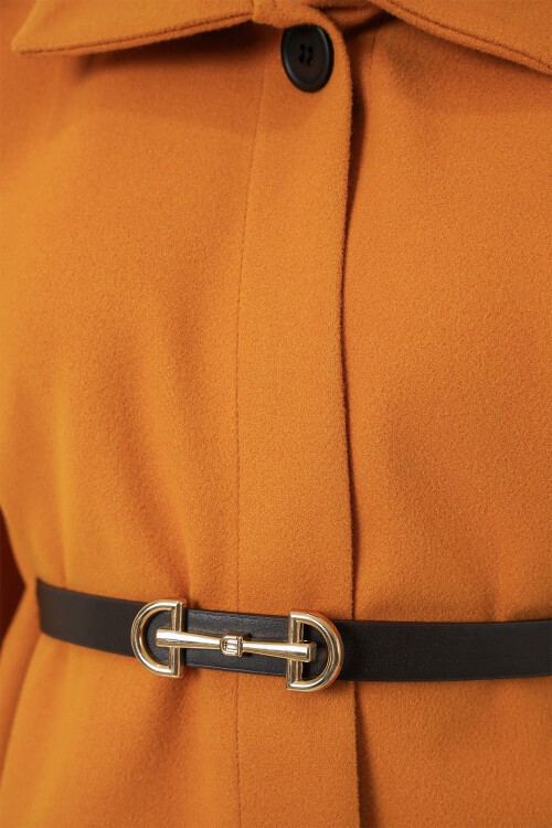 Kadın Kemerli Kaşe Panço 9170 - Hardal