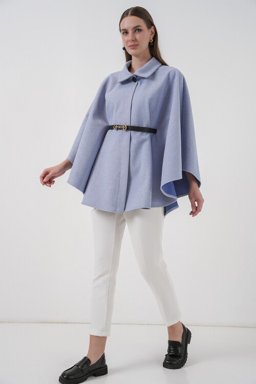 Kadın Kemerli Kaşe Panço 9170 - Mavi