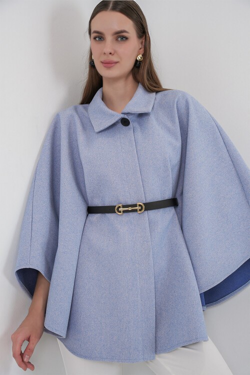 Kadın Kemerli Kaşe Panço 9170 - Mavi