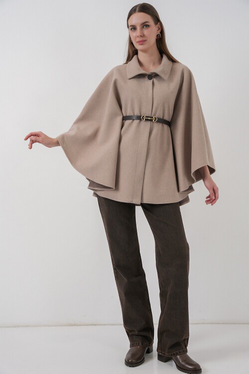 Kadın Kemerli Kaşe Panço 9170 - Vizon