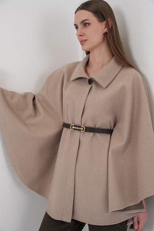 Kadın Kemerli Kaşe Panço 9170 - Vizon