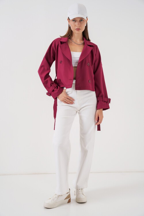 Kadın Kemerli Kısa Trençkot 5970 - Bordo