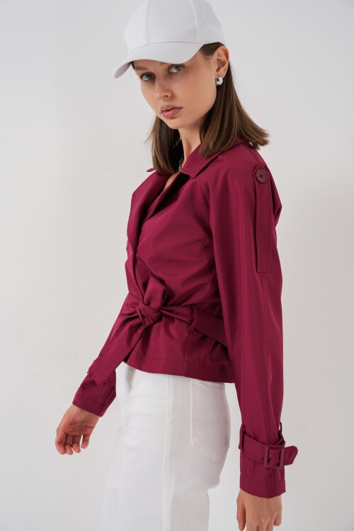 Kadın Kemerli Kısa Trençkot 5970 - Bordo