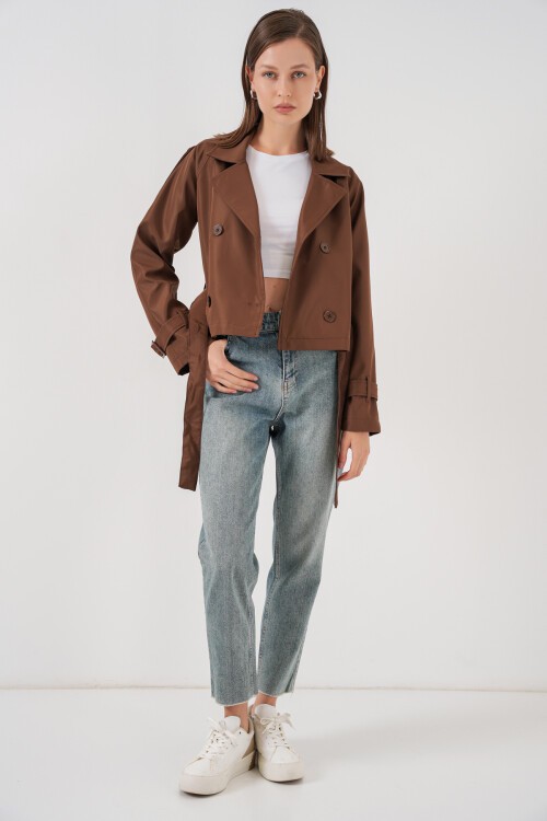 Kadın Kemerli Kısa Trençkot 5970 - Kahverengi