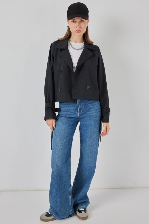 Kadın Kemerli Kısa Trençkot 5970 - Siyah